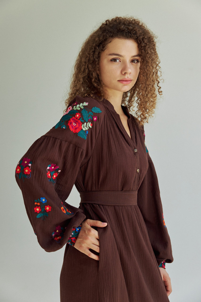 Бавовняна сукня Vyshyta Mariya прямого крою з вишивкою XS Шоколадна VSH14001 фото