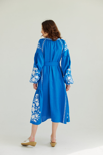 Вишита лляна сукня Vyshyta з квітами XS насиченого синього кольору VSH14007 фото