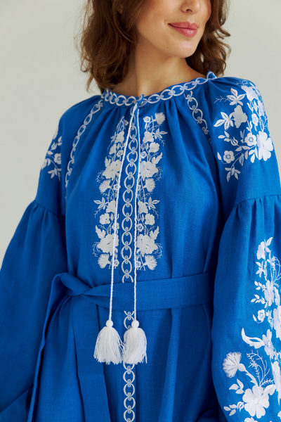 Вишита лляна сукня Vyshyta з квітами XS насиченого синього кольору VSH14007 фото