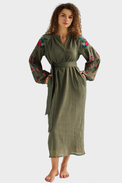 Бавовняна сукня Vyshyta Марія прямого крою з вишивкою M Хакі VSH14002 фото